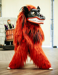 Shisa guardian lion dancing, Okinawa traditional mascot and symbol creature