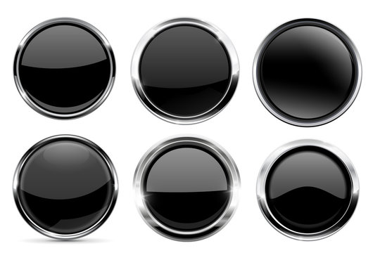 Glass black buttons collection. Round 3d icons with metal frame
