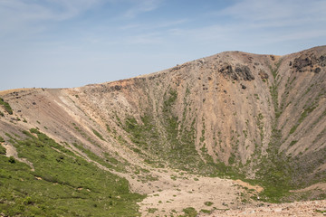 Azuma-Kofuji peak 1707 meters ,Mount Azuma is a roughly 2000 meter tall, volcanic mountain range northeast of Mount Bandai along the border of Fukushima and Yamagata Prefectures