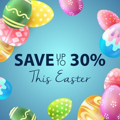 Fototapeta premium Easter sale banner with beautiful colorful eggs on blue background. Save up to 30%