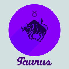 Round flat icon for a site, sign of the zodiac Taurus, blue on a purple background,