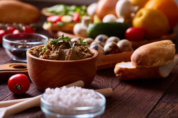 Breakfast still life with sandwiches, quail eggs, spicies and fresh fruits and vegetables, selective focus