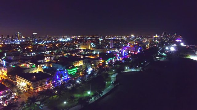 Miami Beach ocean drive at night, aerial view