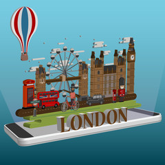 isometric London city on mobile . London infographic tourist sights of Great Britain,Travel to London 3d isometric.
