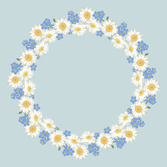 chamomile and forget-me-not flowers pattern on vintage blue background
