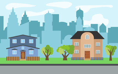 Fototapeta premium Vector city with two two-story cartoon houses and green trees in the sunny day. Summer urban landscape. Street view with cityscape on a background 