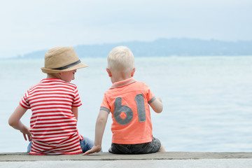 Two little boys sit on a pier, against the sea and mountains. Back view