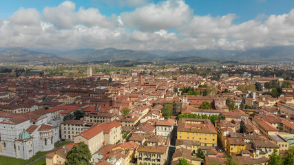 Fototapeta na wymiar Panoramic aerial view of Lucca, ancient town of Tuscany