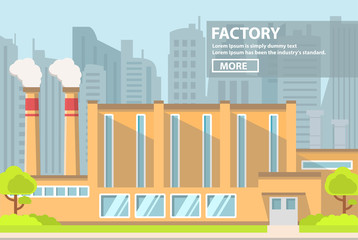 Industrial factory flat vector. Smoke pipes.industrial building concept.Eco style factory.City landscape.Plant building.