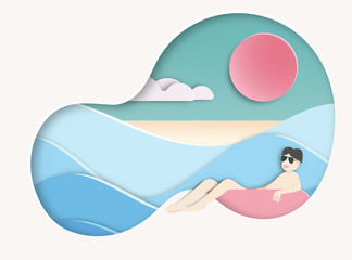 Paper art carving with beautiful beach background  paper cut style .candy color vector style.