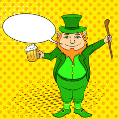 Pop art Funny leprechaun with a stick and a mug of beer in his hands. St. Patricks Day. Text bubble
