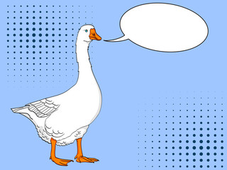 Pop art duck, goose, bird on a color blue background. Comic book style imitation. Text bubble
