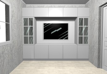 3D rendering illustration interior design living room furniture with TV in white color