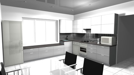 design kitchen white big with window 3D rendering