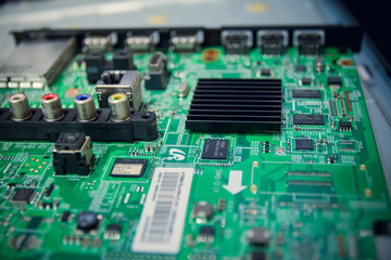 Circuit board. Electronic computer hardware technology. Motherboard digital chip. Tech science background. Integrated communication processor. Information engineering component.