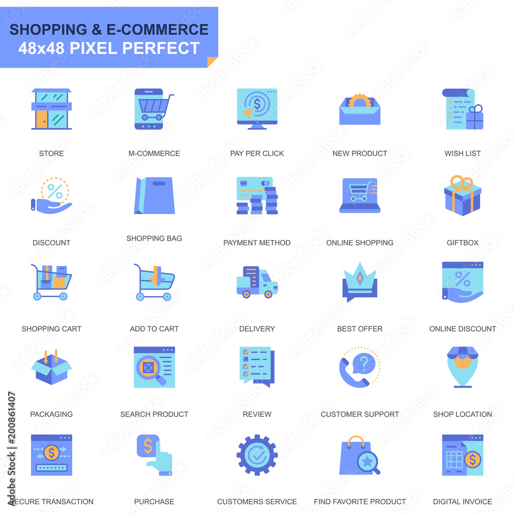 Poster simple set shopping and e-commerce flat icons for website and mobile apps. contains such icons as de