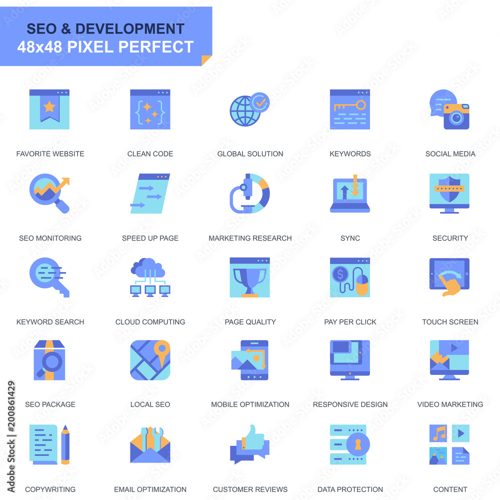 Poster Simple Set Seo and Development Flat Icons for Website and Mobile Apps. Contains such Icons as Clean Code, Data Protection, Monitoring. 48x48 Pixel Perfect. Editable Stroke. Vector illustration.