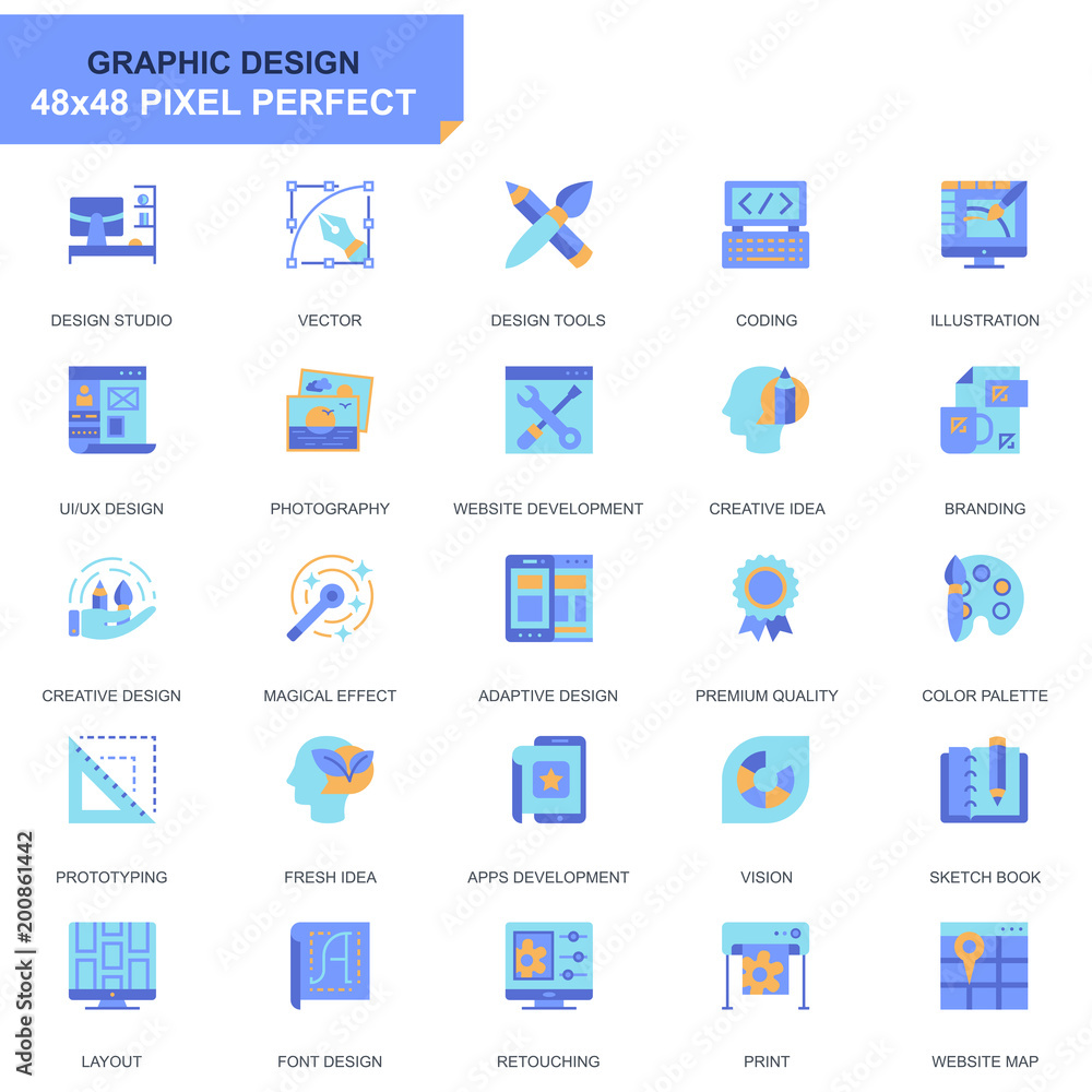 Poster simple set web and graphic design flat icons for website and mobile apps. contains such icons as stu