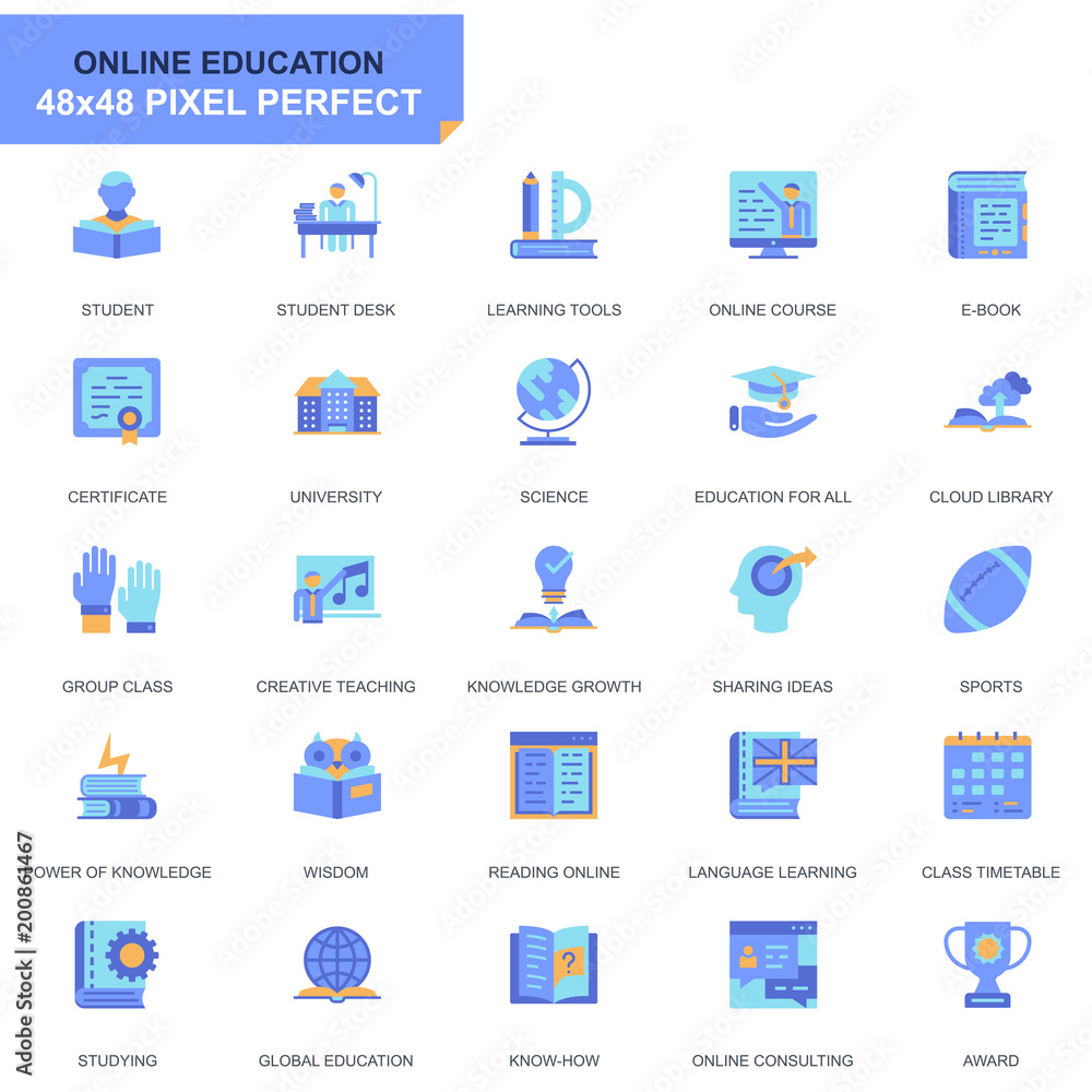 Poster simple set education and knowledge flat icons for website and mobile apps. contains such icons as on