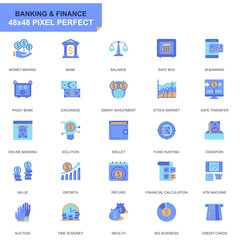 Simple Set Banking and Finance Flat Icons for Website and Mobile Apps. Contains such Icons as Balance, E-Banking, Auction, Financial Growth. 48x48 Pixel Perfect. Editable Stroke. Vector illustration.