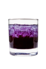 A one-color, purple clear cocktail in a low glass with crushed ice frappe. Side view. Isolated white background. Drink for the menu restaurant, bar, cafe