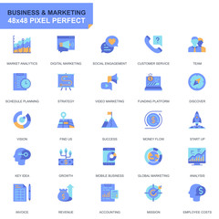 Simple Set Business and Marketing Flat Icons for Website and Mobile Apps. Contains such Icons as Vision, Mission, Planning, Market. 48x48 Pixel Perfect. Editable Stroke. Vector illustration.