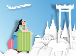Travelling woman with suitcase on Thailand background ,  paper cut style .candy color vector style.