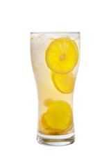 A single-colored, yellow, transparent cocktail in a high glass with crushed ice of frappe and lemon and ginger. Side view. Isolated white background. Drink for the menu restaurant, bar, cafe