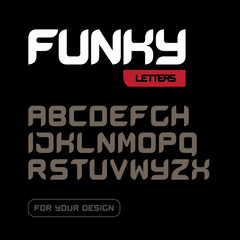 'Funky letters' isolated on black background. Modern font. Latin alphabet letters. Alphabet. Modern geometric font for advertising, title or logo design. Vector Illustration.
