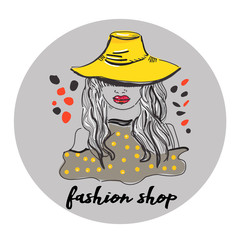 Vector hand drawn portrait of young stylish girl face isolated on white background. Fashion woman in hat portrait. Good for magazine cover, journal article, print, package design, shop and store logo.