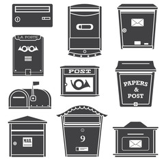 Vintage and modern mail postboxes and mailboxes icons. Outline monochrome letterboxes with envelope and horn symbols. Mailing and correspondence receiving logo templates.