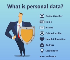 What is personal data. What information is under the protection of the rules of the GDPR. General Data Protection Regulation. The man with the shield. Vector infographics illustration.
