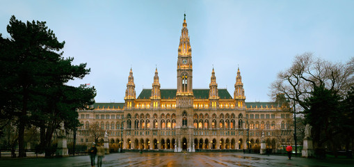Vienna's Town Hall (Rathaus) in the evening after the rain