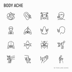 Body aches thin line icons set: migraine, toothache, pain in eyes, ear, nose, when urinating, chest pain, menstrual, joint, arthritis, rheumatism. Modern vector illustration.