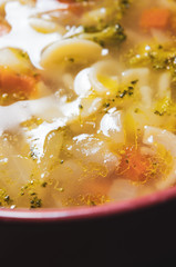 Bowl of Vegetable and Pasta Soup Close Up