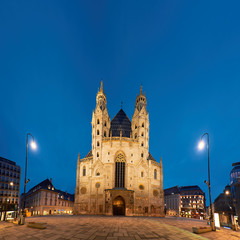 Panoramic image of St. Stephan cathedral (Stephansdom) in Vienna, Austria, at twilight