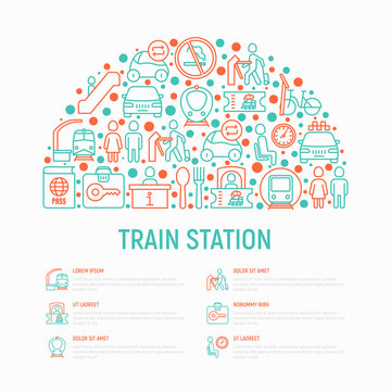 Train station concept in half circle with thin line icons: information, ticket office, toilet, taxi, metro, waiting room, luggage storage, turnstile, food court, no smoking. Vector illustration.