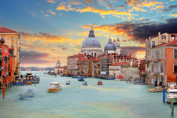 Venice, Italy. View over Canal Grande to basilica of Santa Maria della Salute on sunrise.