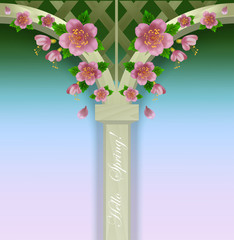  pink spring flowers against a wooden lattice, flowering branches against a summer gazebo background]