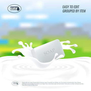 Vector Soap with milk splash. Natural handmade Soap advertisement design or banner background.