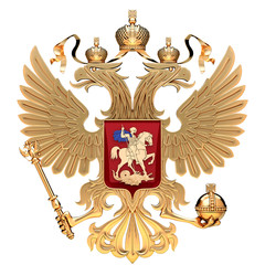 Coat of arms of Russia with two-headed eagle. Golden symbol of Russian Federation. 3D render Illustration isolated on a white background.