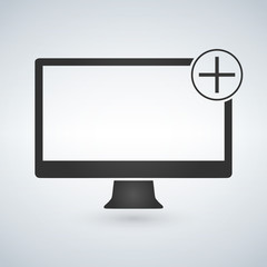 Computer monitor with add plus button. Vector illustration isolated on modern background.
