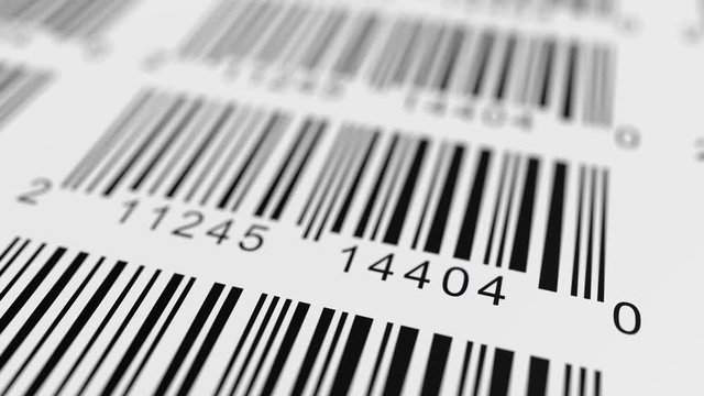 Close-up view on red laser is scanning label with barcode on product. 3D rendered illustration.