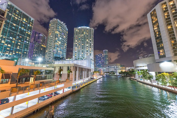 Night view of Brickell Key buildings, Miami