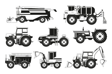 Monochrome pictures of agricultural machinery