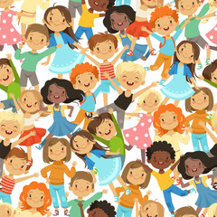 Seamless pattern with illustrations of funny happy kids