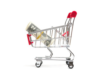 Dollar and shopping cart on white background : economy concept