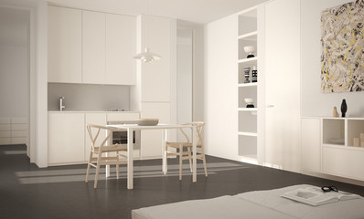 Minimalist modern bright kitchen with dining table and chairs, big windows, white and gray architecture interior design