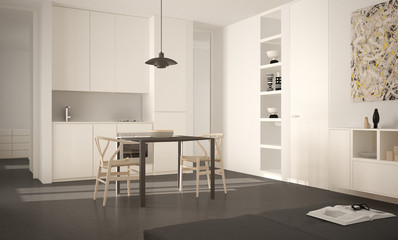 Minimalist modern bright kitchen with dining table and chairs, big windows, white and gray architecture interior design