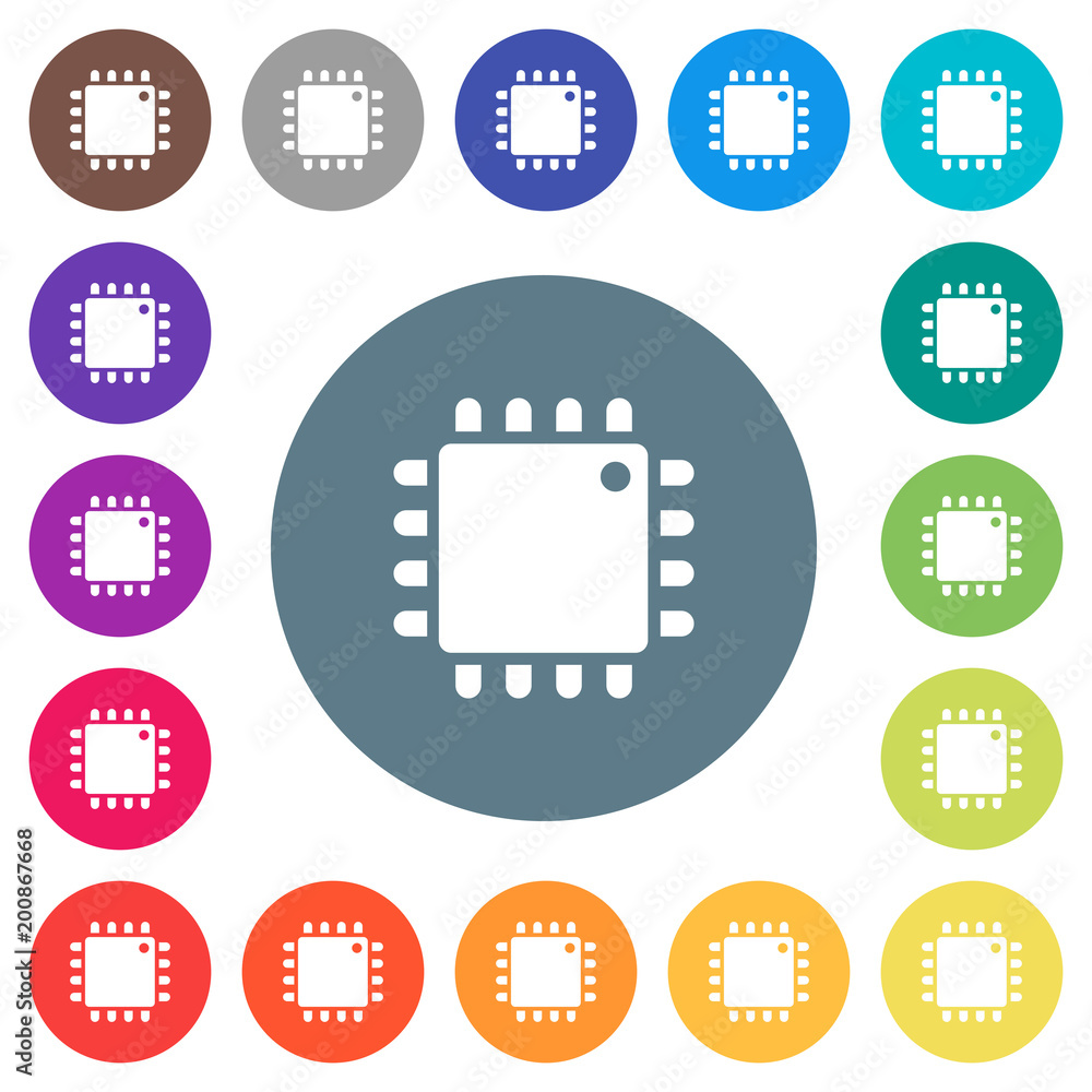 Poster computer processor flat white icons on round color backgrounds